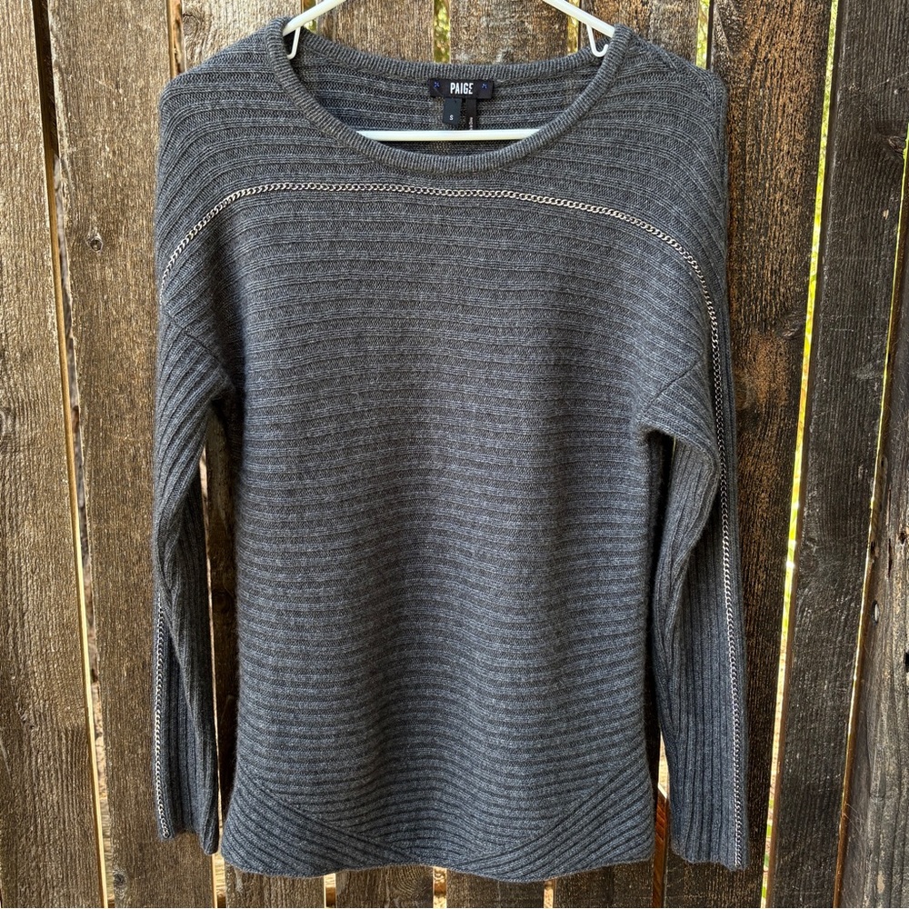 Paige Helena Lambswool Angora Cashmere Blend Chain Detail Sweater Charcoal Gray